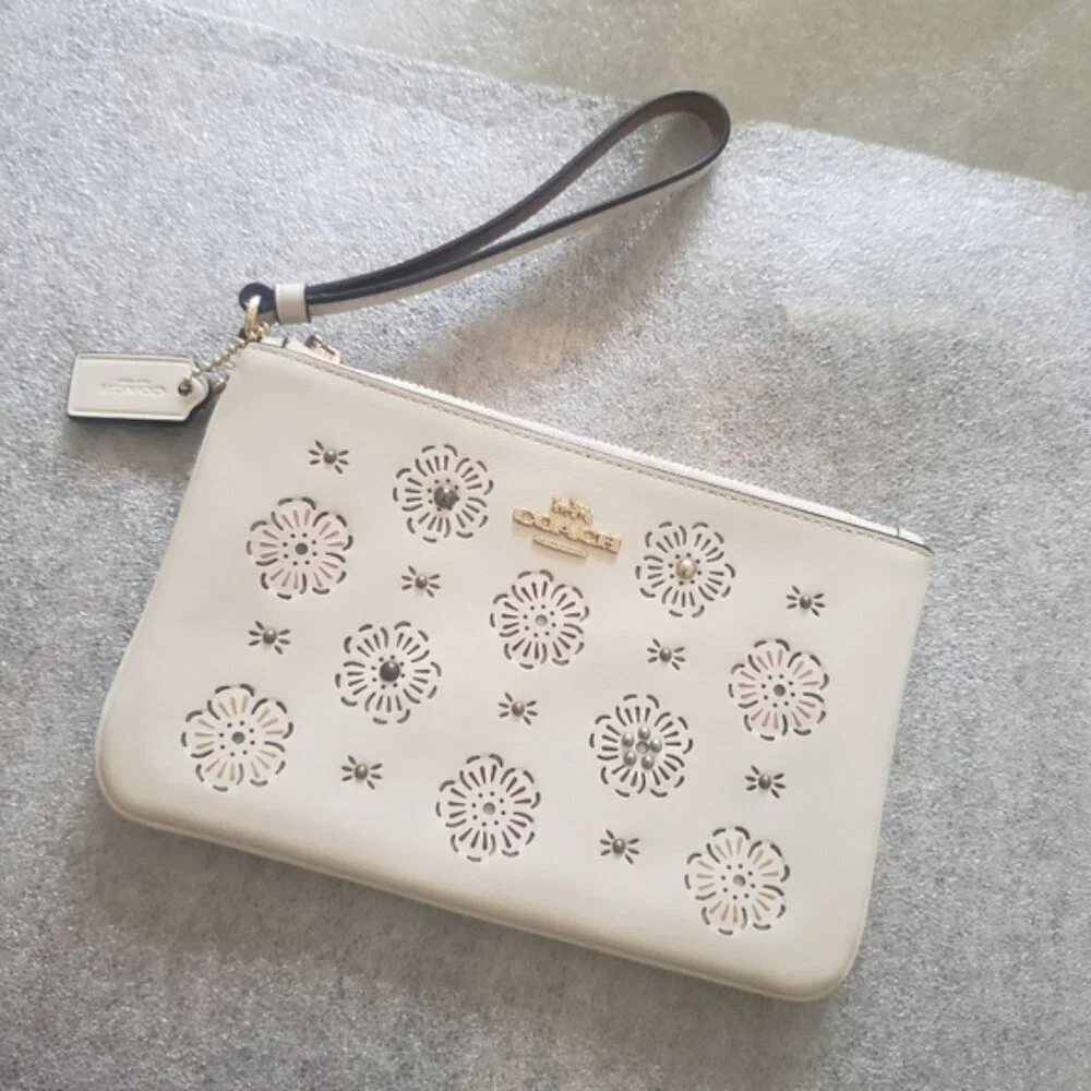Coach White Leather Wristlet with Cut Out Tea Rose